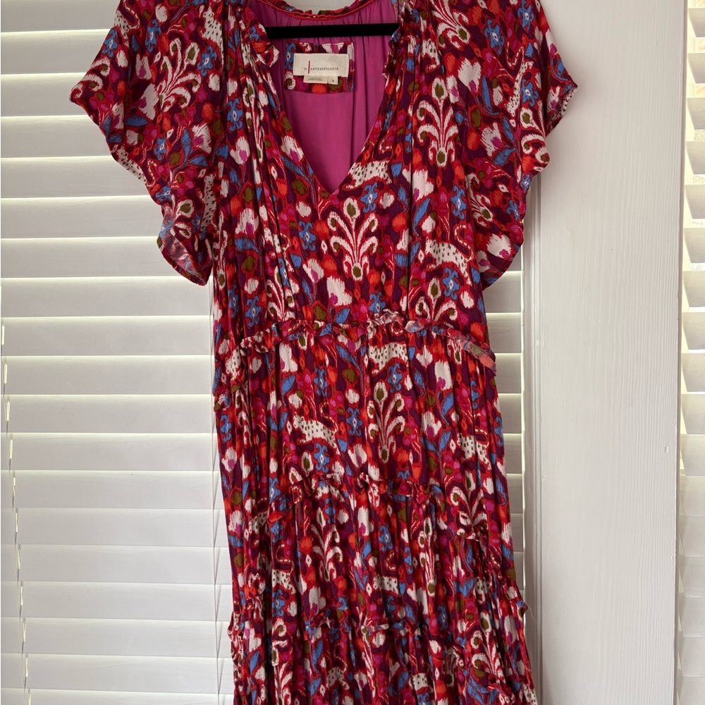 Anthropologie Red, blue, and cream Floral Maxi Dress- flowy and boho